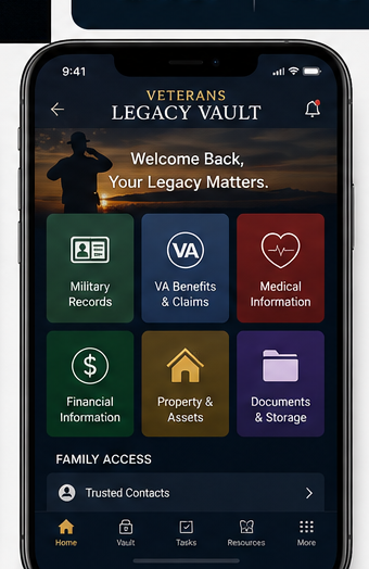 Veterans Legacy Vault dashboard