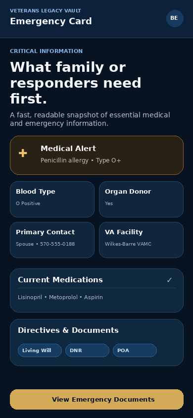 Emergency card screen